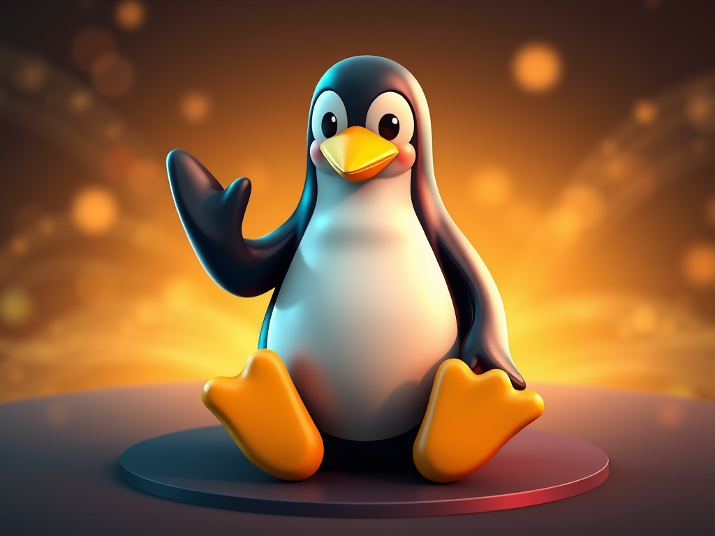 Tux, pingüino de linux sentado saludando
